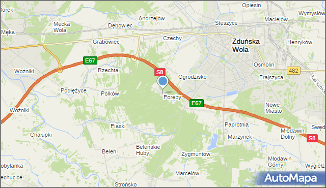 mapa Poręby, Poręby gmina Zduńska Wola na mapie Targeo